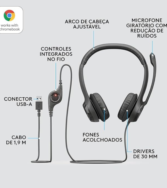 Headset com fio USB Logitech H390 com Almofadas Confortáveis, Controles de Áudio Integrado e Microfone com Redução de Ruído